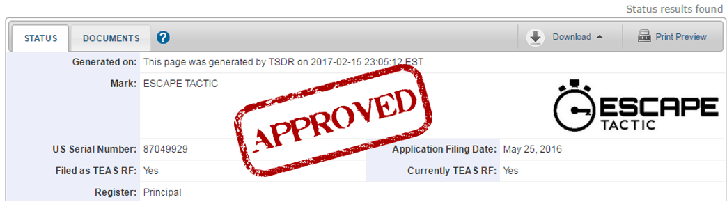 Escape Tactic trademark approved